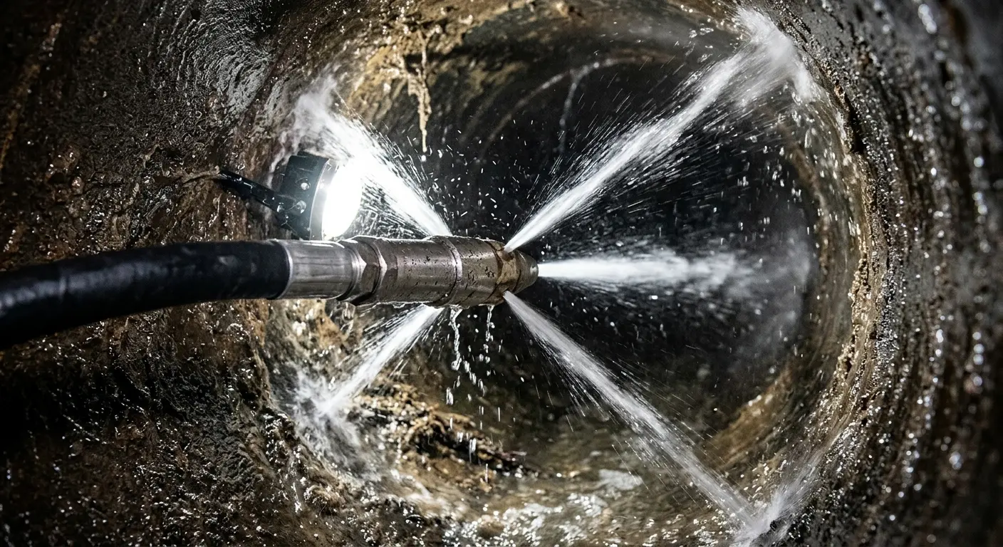 High-pressure hydro jetting nozzle cleaning sewer pipe for Sewer Cleanout in Harris