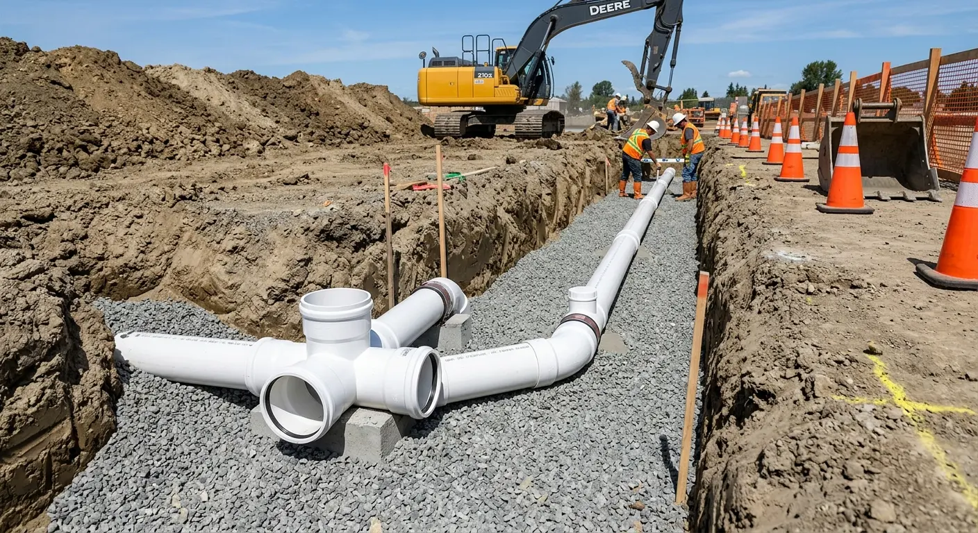New PVC sewer pipe installation in open trench for Commercial Drain Cleaning in Harris