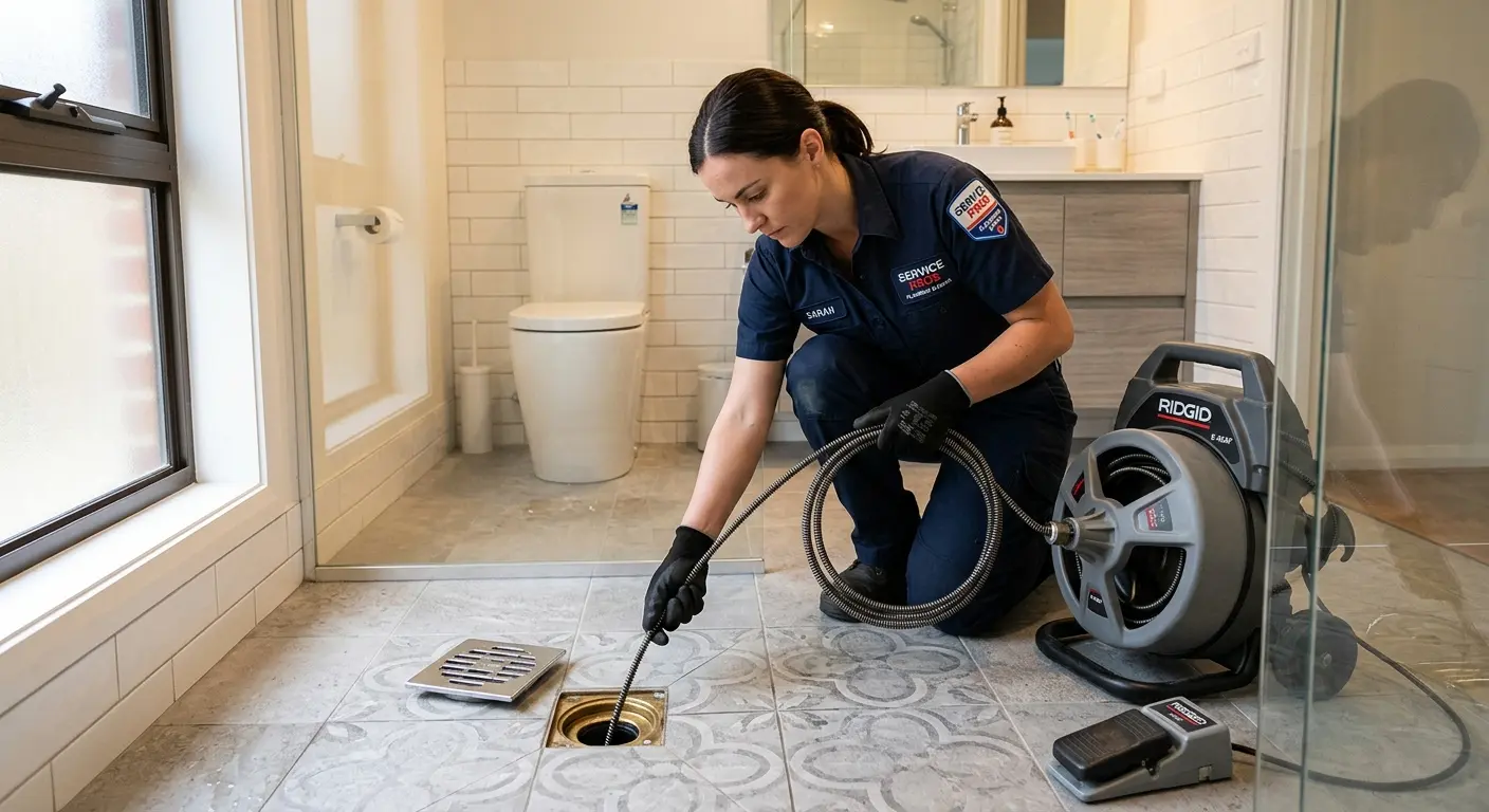 Technician clearing a bathroom floor drain for Sewer Line Replacement in Harris